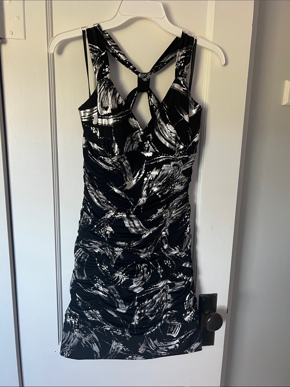 Black and Silver Printed Mini Dress with Twist Back